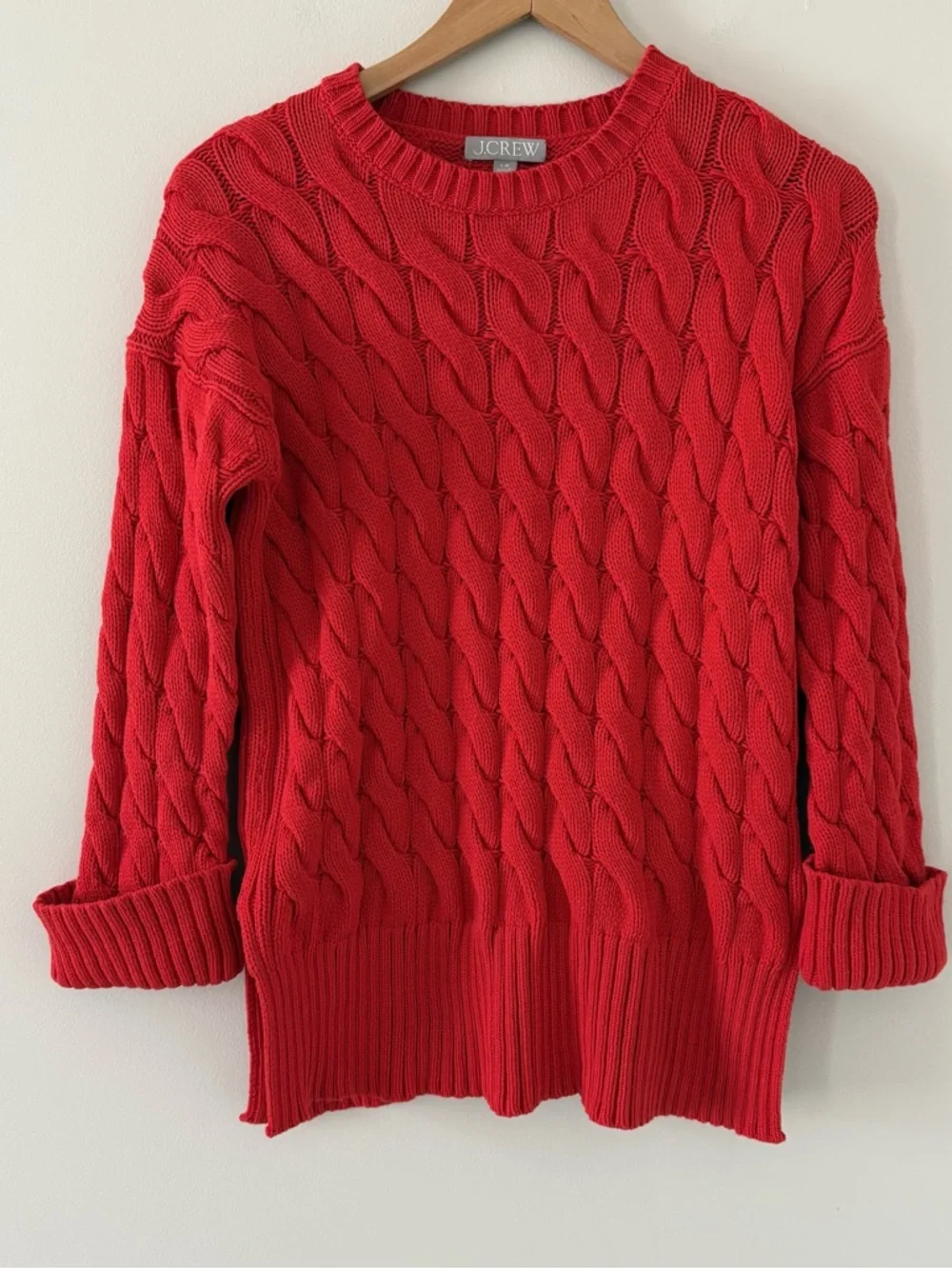 J. Crew Cotton cable-knit side-slit crewneck sweater chunky Size S/M Red‎